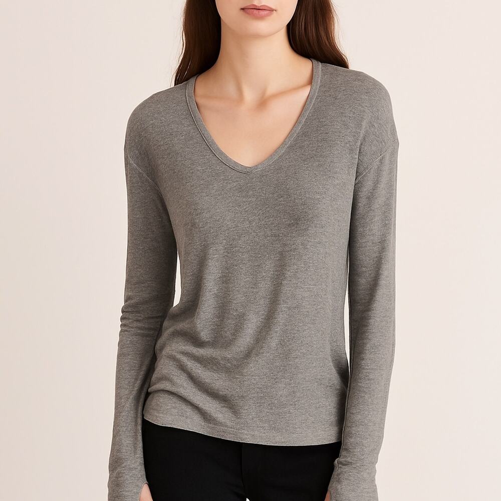 Nili Lotan Gray V-Neck Long Sleeve Top XS — Made in USA Ribbed Stretch Knit